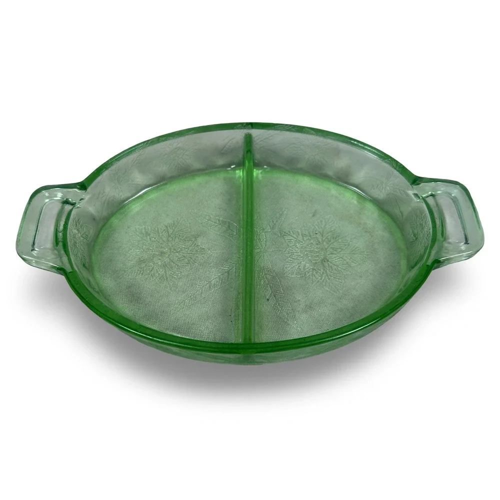 Jeanette Glass Poinsettia Green Uranium Depression Glass Divided Relish Dish